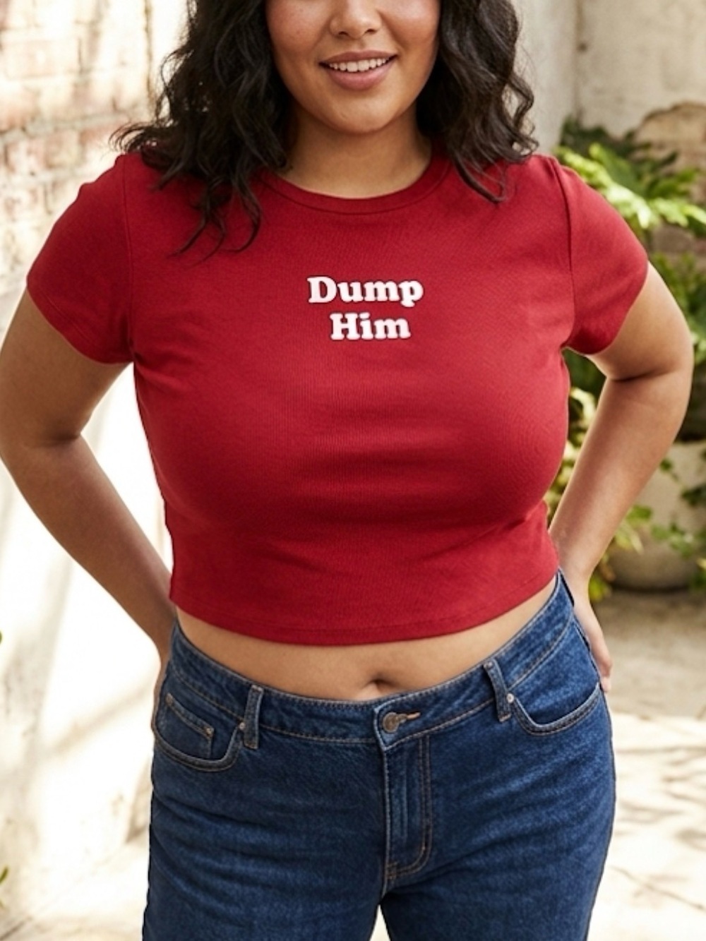 Forever 21 Dump Him Baby Tee Red Graphic Cropped Y2K Top Large Sassy